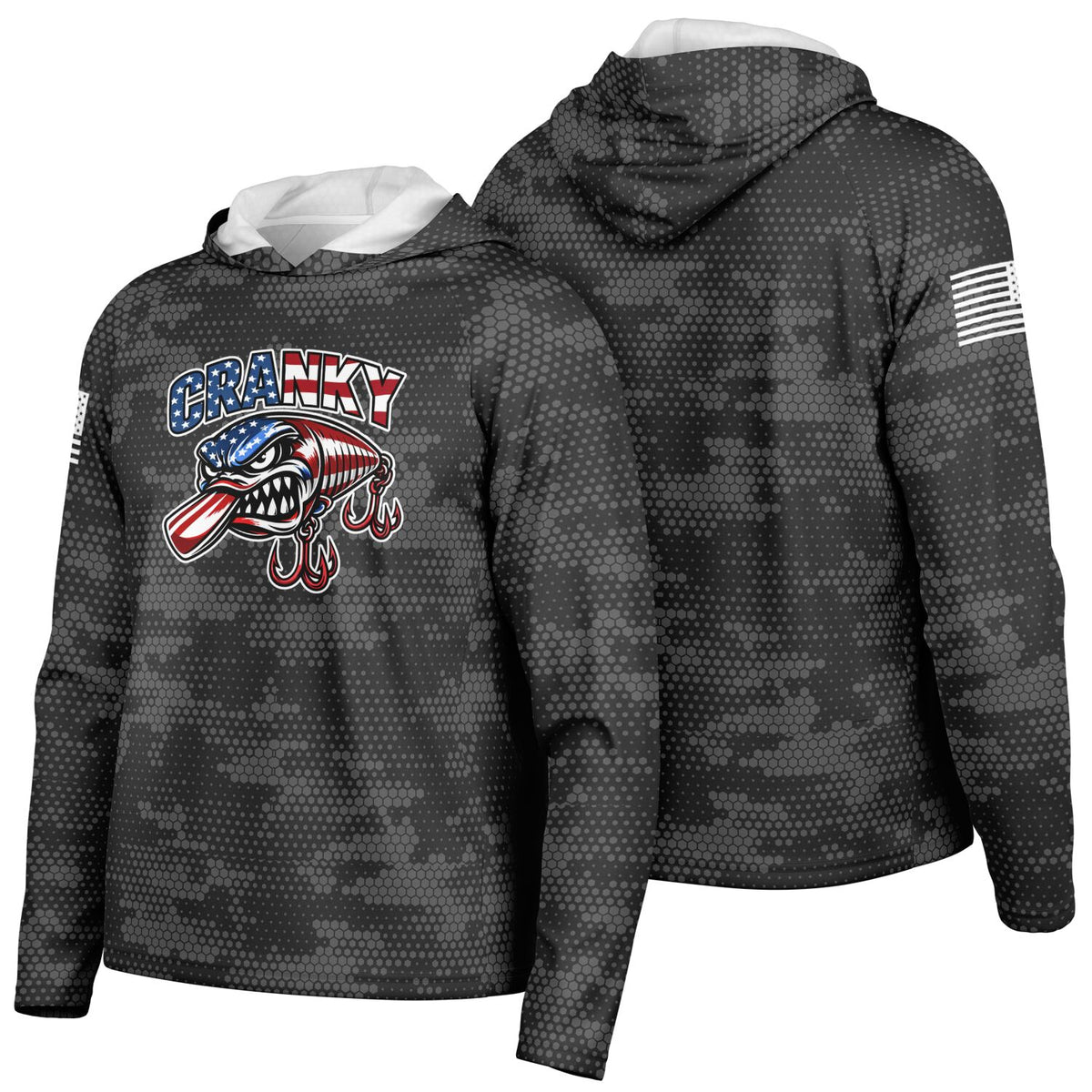 Cranky USA Crankbait SPF50 Performance Fishing Hoodie- Black Camo
