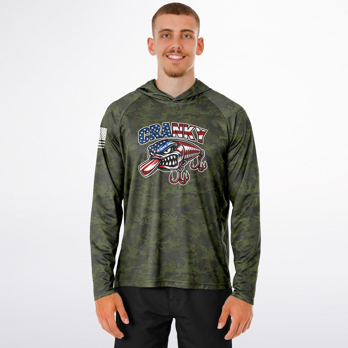 Cranky USA Crankbait SPF50 Performance Fishing Hoodie- Green Camo