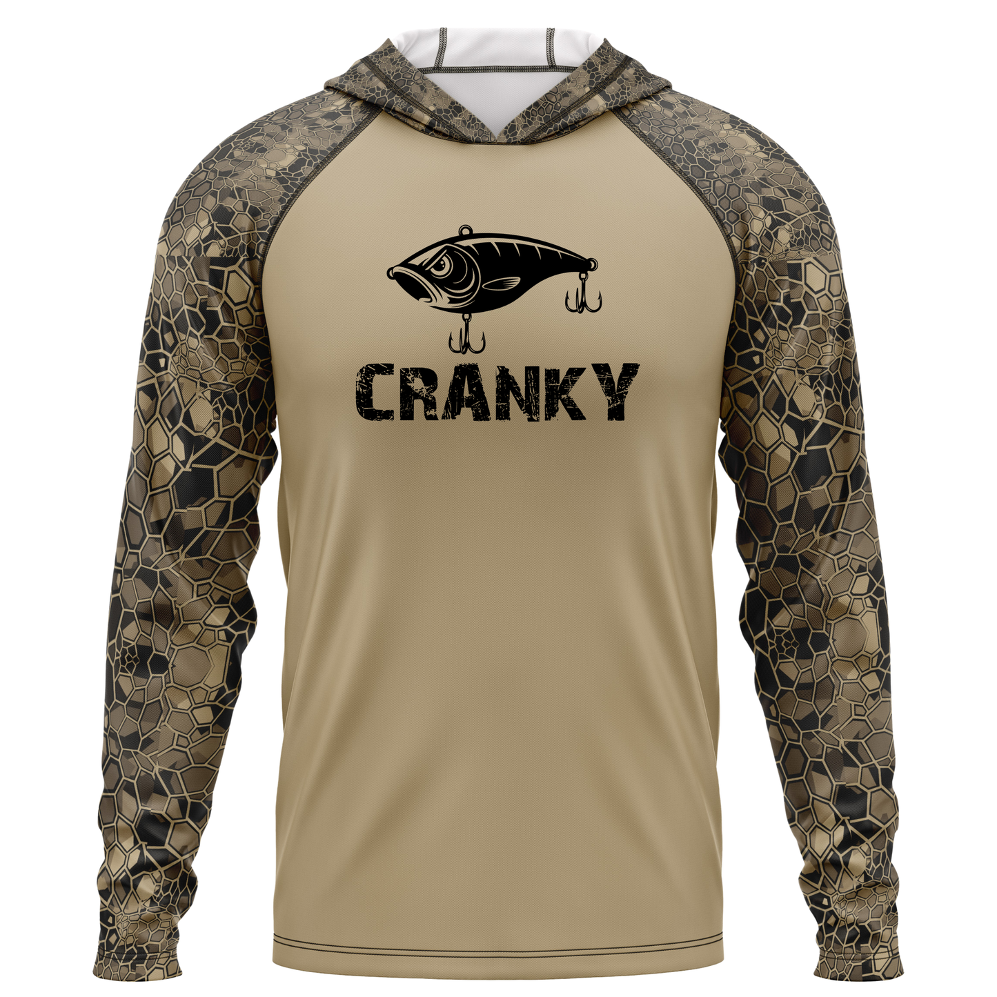 Cranky Crankbait SPF50 Performance Fishing Hoodie- Tan
