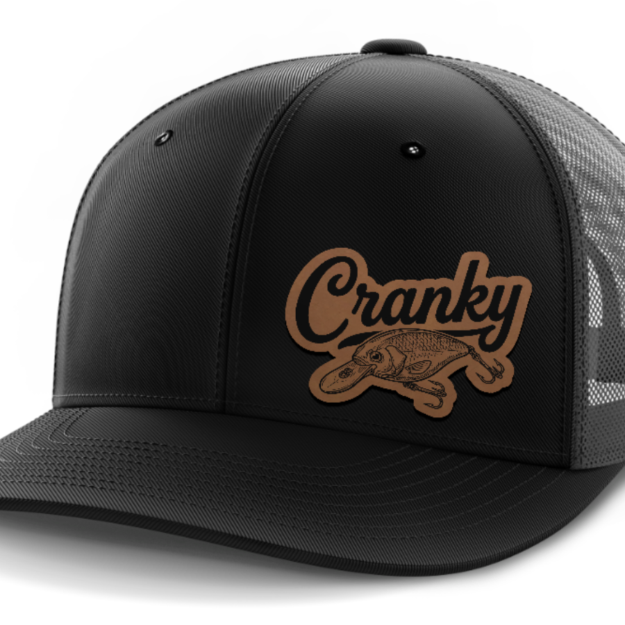 Cranky, Crankbait Decal (left), Leather Patch Hat