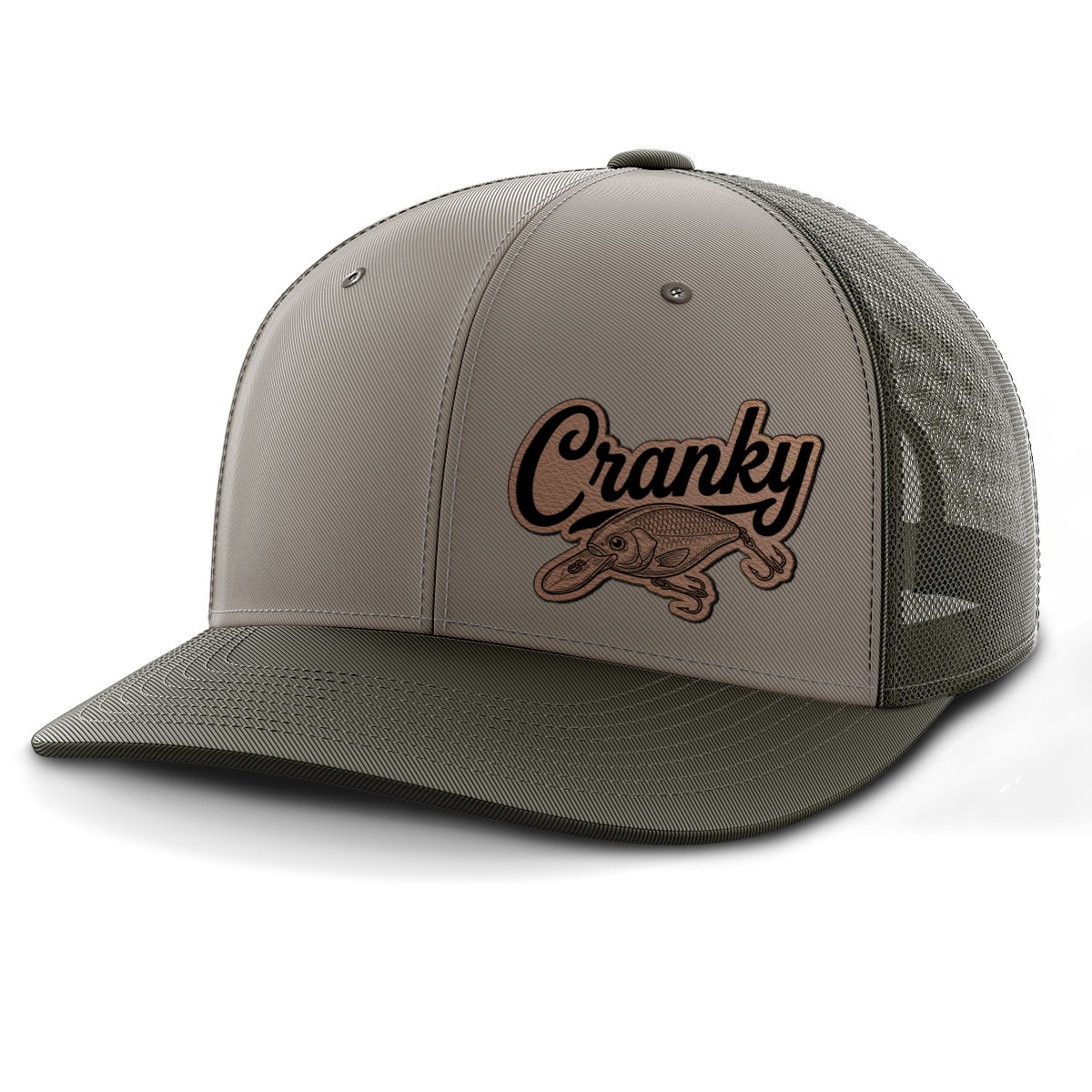 Cranky, Crankbait Decal (left), Leather Patch Hat