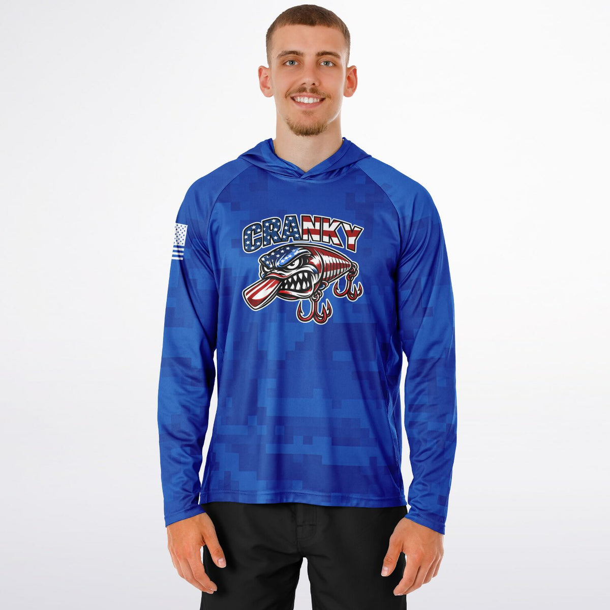 Cranky USA Crankbait SPF50 Performance Fishing Hoodie- Blue Camo