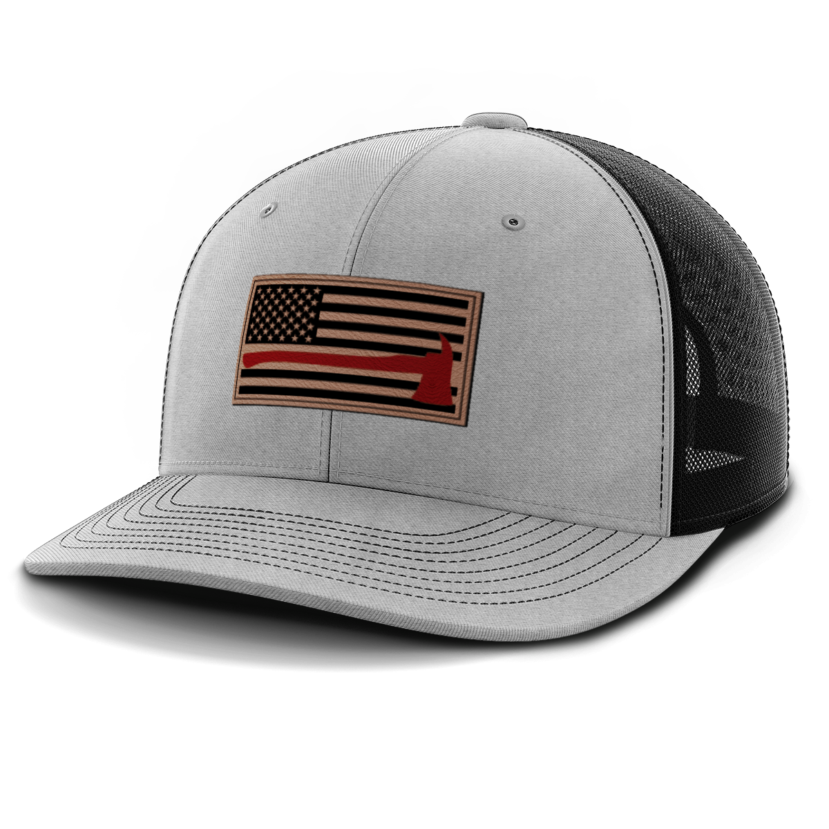 Thin Red Line Firemen Flag Hat with Axe, Leather Patch Hat