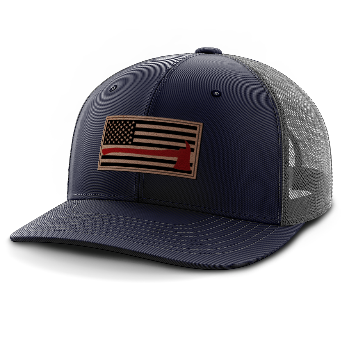 Thin Red Line Firemen Flag Hat with Axe, Leather Patch Hat