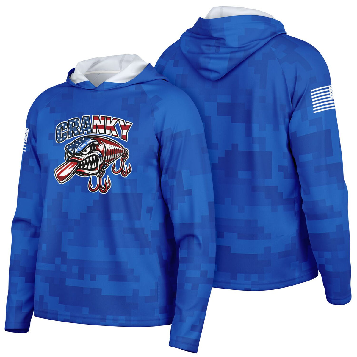 Cranky USA Crankbait SPF50 Performance Fishing Hoodie- Blue Camo