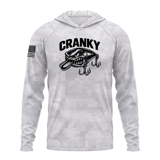 Cranky Crankbait SPF50 Performance Fishing Hoodie- Gray Camo