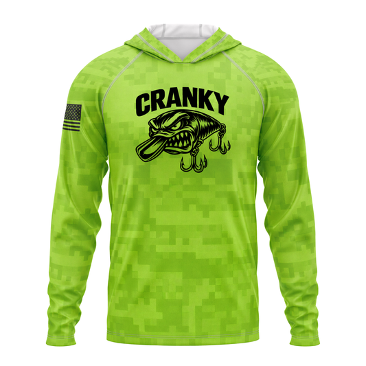 Cranky Crankbait SPF50 Performance Fishing Hoodie- Lime Green Camo