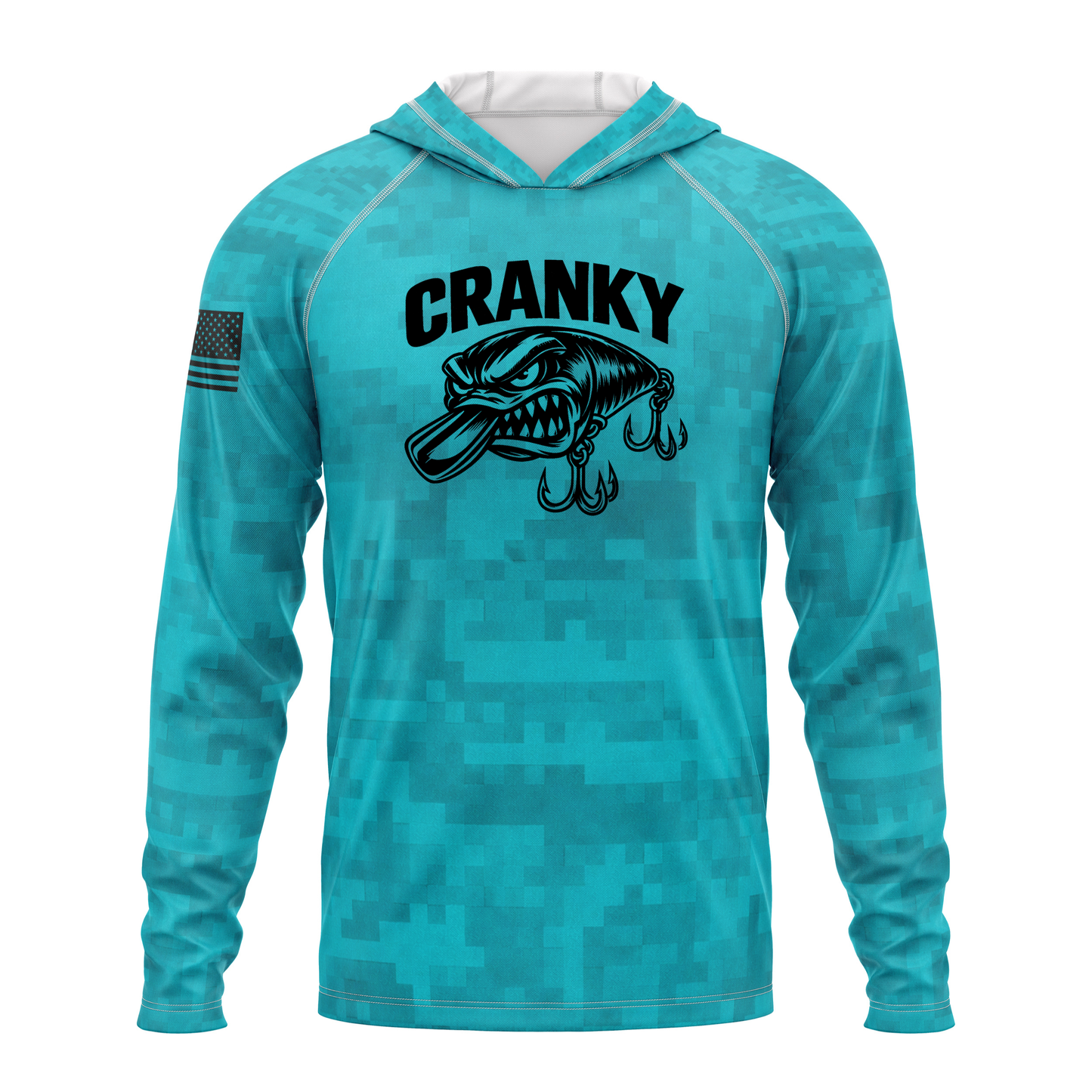 Cranky Crankbait SPF50 Performance Fishing Hoodie- Teal Camo