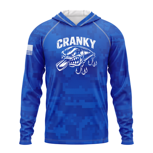 Cranky Crankbait SPF50 Performance Fishing Hoodie- Blue Camo