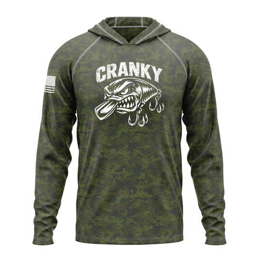 Cranky Crankbait SPF50 Performance Fishing Hoodie- Green Camo