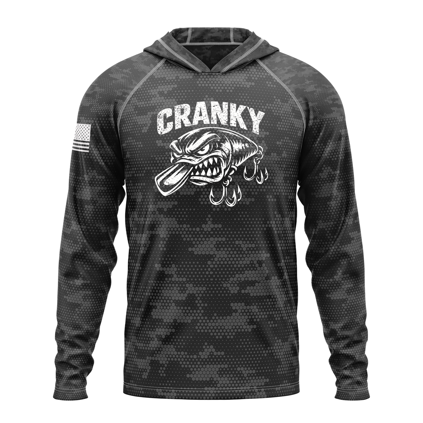 Cranky Crankbait SPF50 Performance Fishing Hoodie- Black Camo