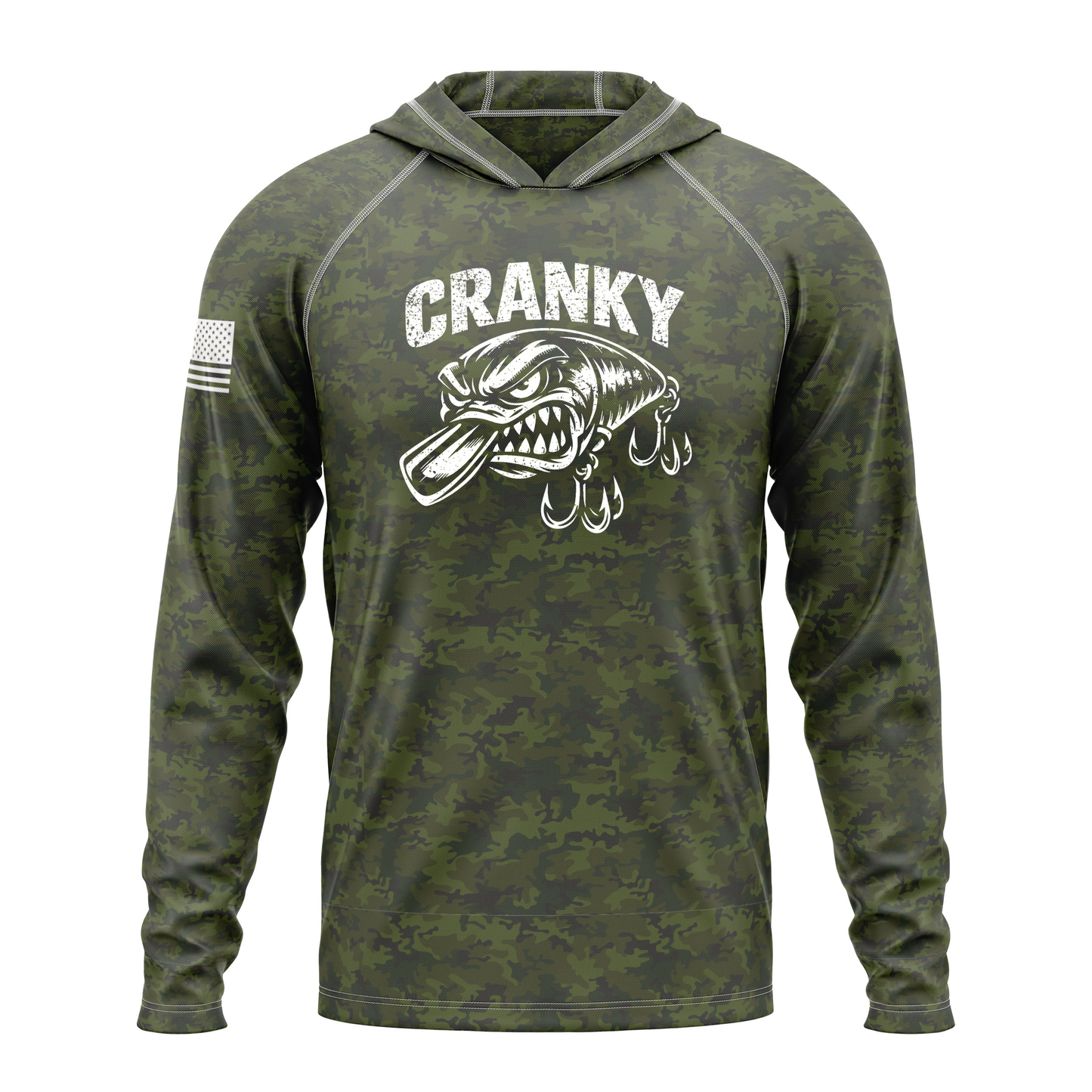 Cranky Crankbait SPF50 Performance Fishing Hoodie- Green Camo