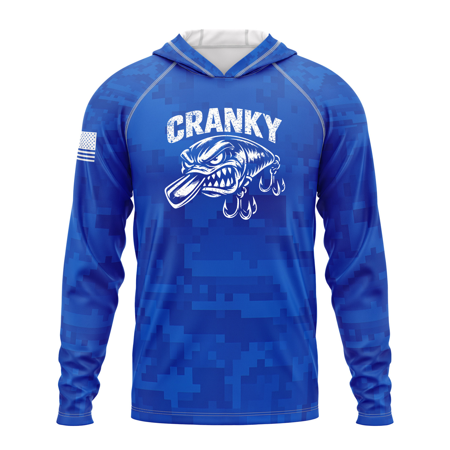 Cranky Crankbait SPF50 Performance Fishing Hoodie- Blue Camo