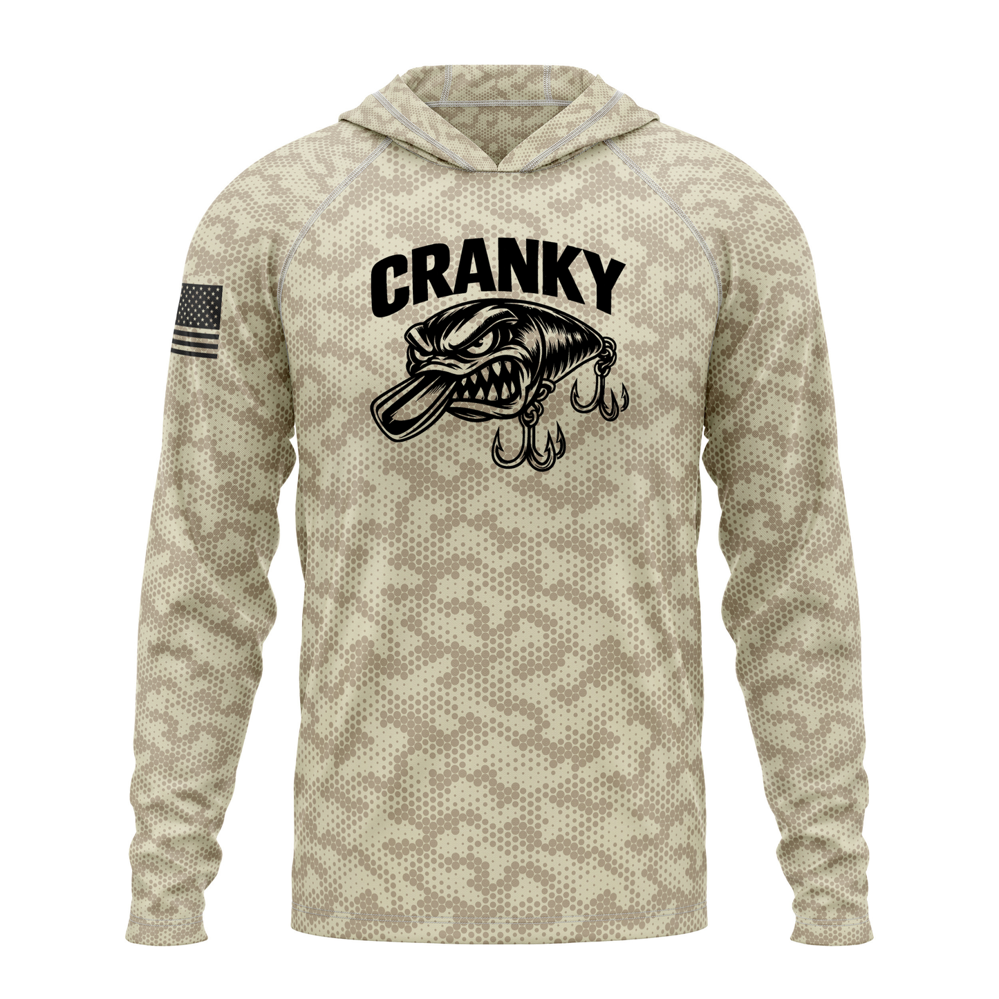Cranky Crankbait SPF50 Performance Fishing Hoodie- Tan Camo