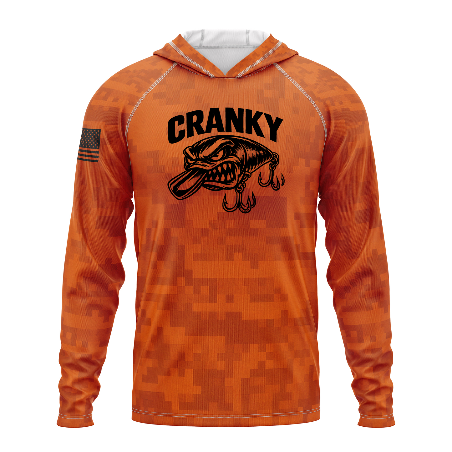 Cranky Crankbait SPF50 Performance Fishing Hoodie- Orange Camo