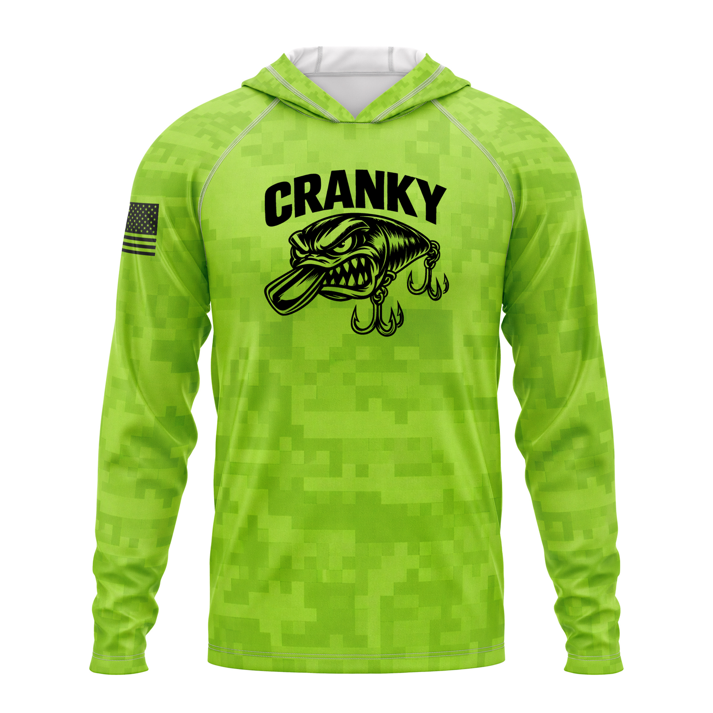 Cranky Crankbait SPF50 Performance Fishing Hoodie- Lime Green Camo