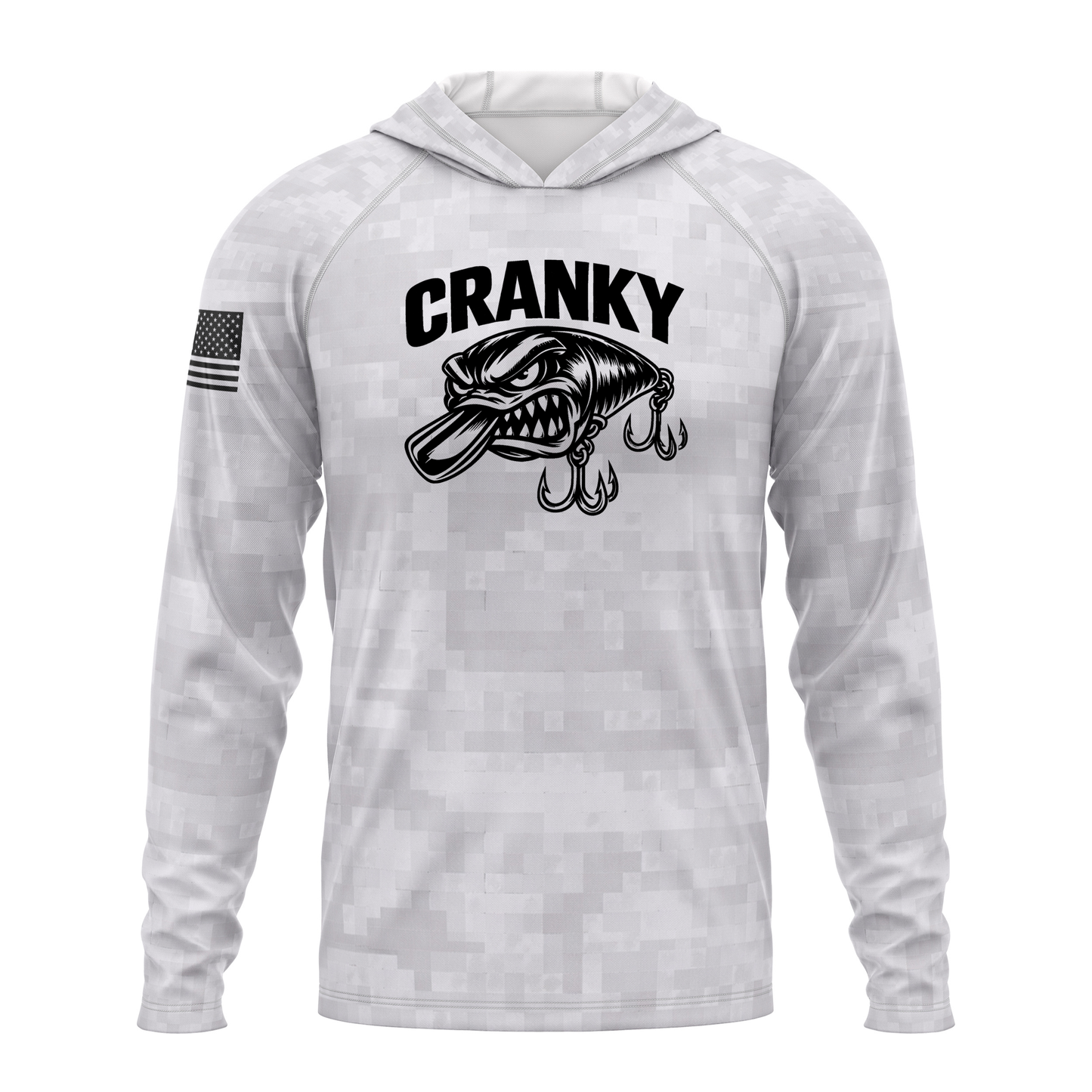 Cranky Crankbait SPF50 Performance Fishing Hoodie- Gray Camo