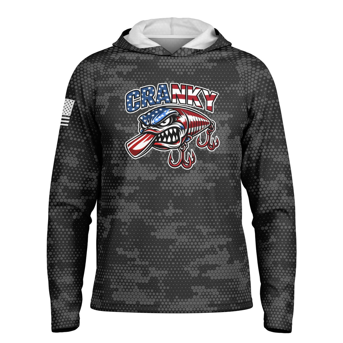 Cranky USA Crankbait SPF50 Performance Fishing Hoodie- Black Camo