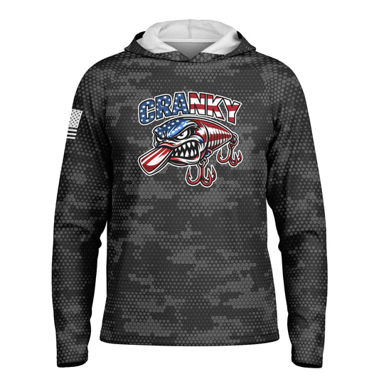 Cranky USA Crankbait SPF50 Performance Fishing Hoodie- Black Camo