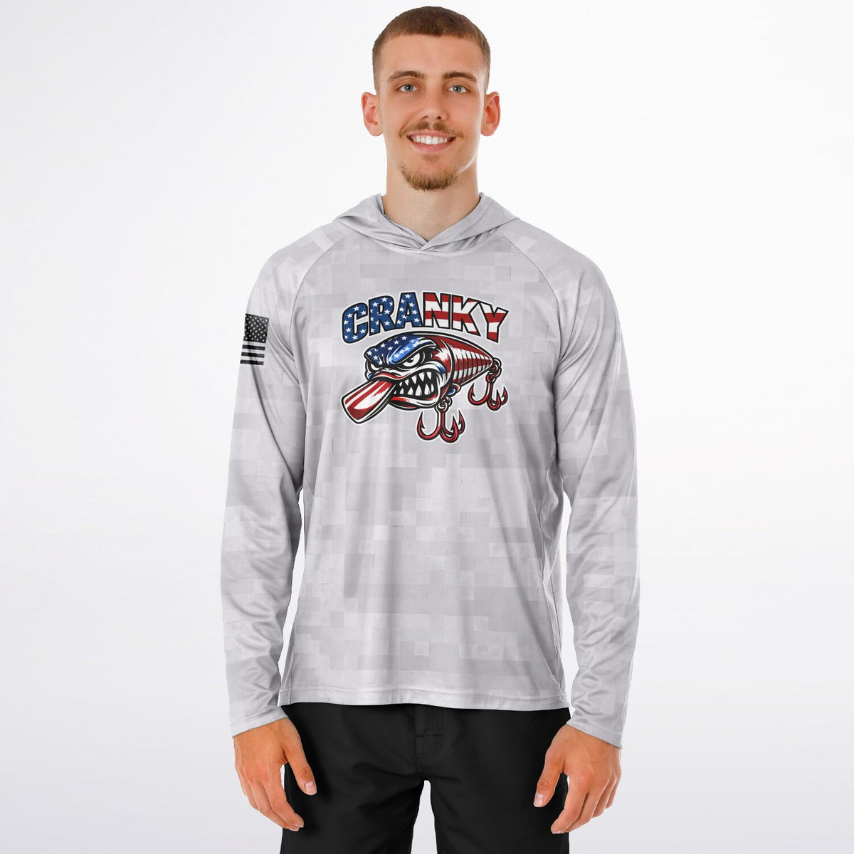Cranky USA Crankbait SPF50 Performance Fishing Hoodie- Gray Camo