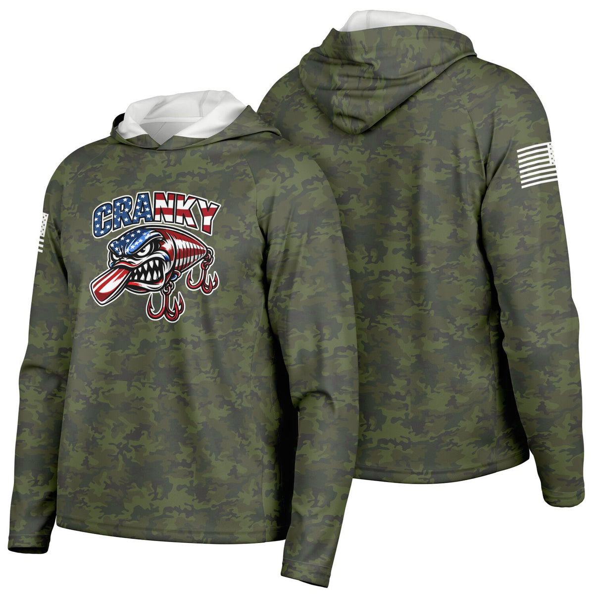 Cranky USA Crankbait SPF50 Performance Fishing Hoodie- Green Camo