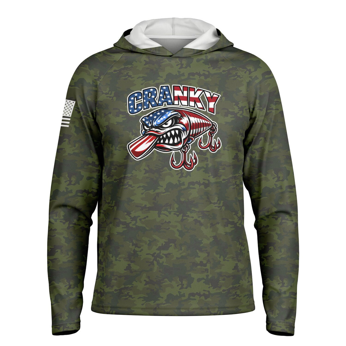 Cranky USA Crankbait SPF50 Performance Fishing Hoodie- Green Camo