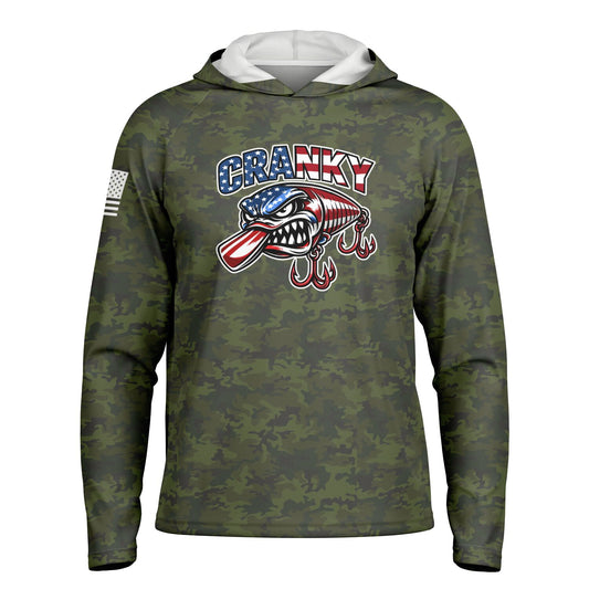 Cranky USA Crankbait SPF50 Performance Fishing Hoodie- Green Camo