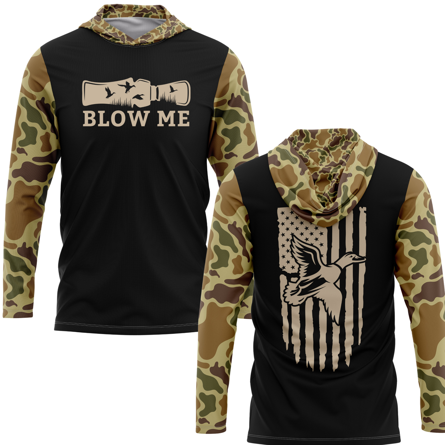 Blow Me Retro Camo Duck Hunting SPF50 Performance Hoodie