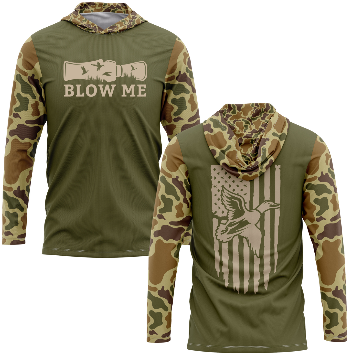 Blow Me Retro Camo Duck Hunting SPF50 Performance Hoodie