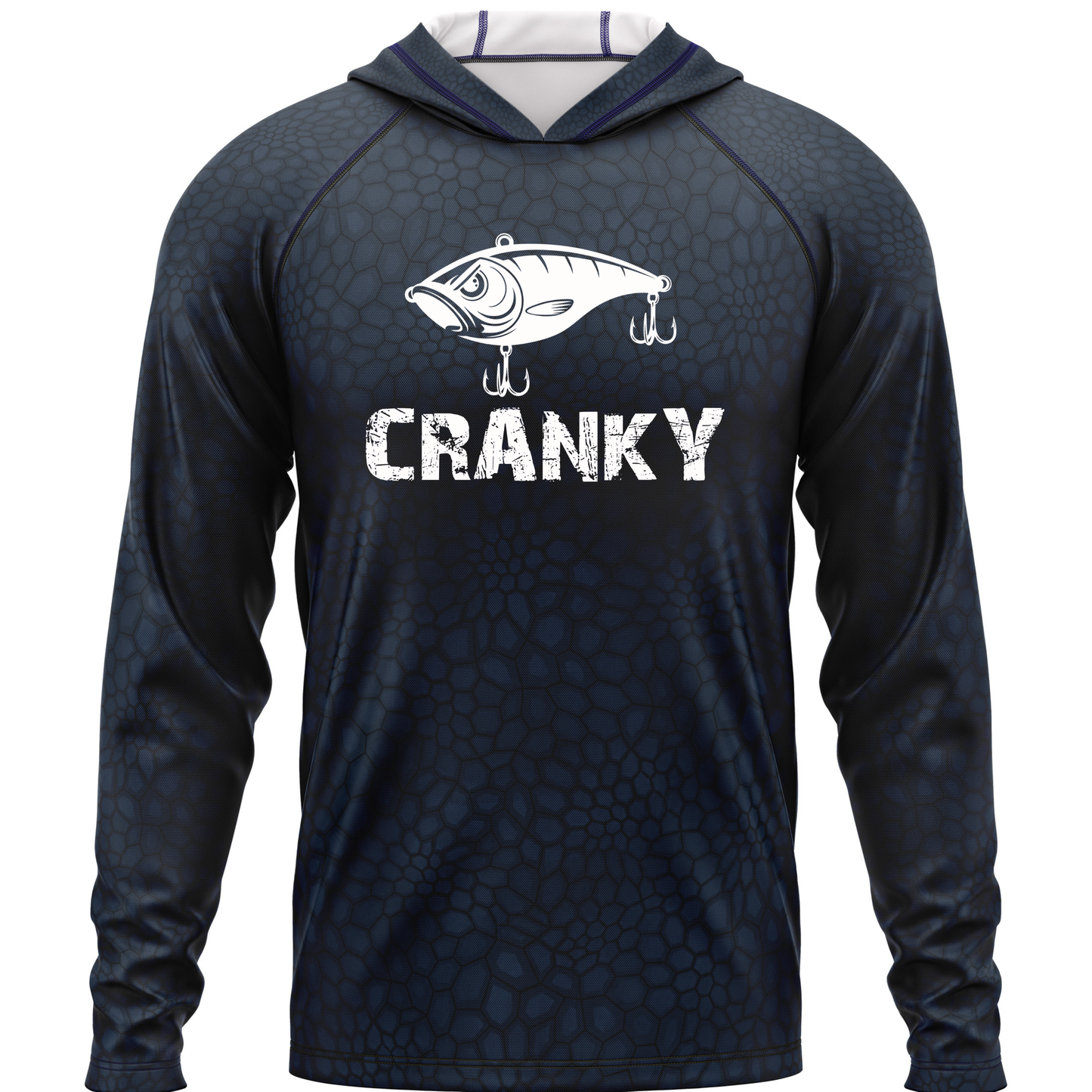 Cranky Crankbait SPF50 Performance Fishing Hoodie- Dark Blue