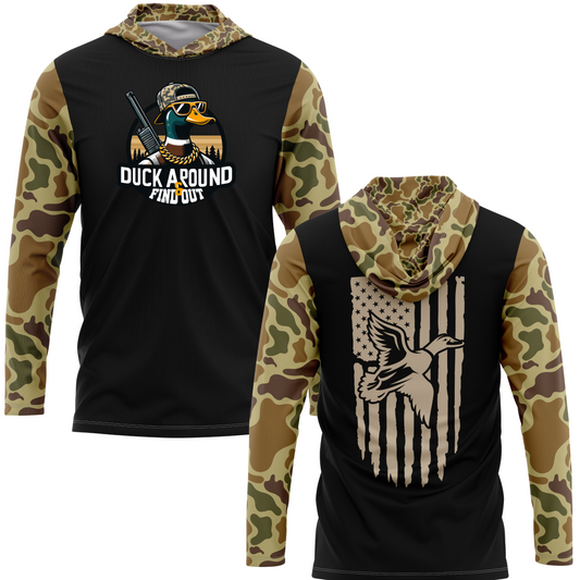 Duck Around And Find Out Retro Camo Duck Hunting SPF50 Performance Hoodie