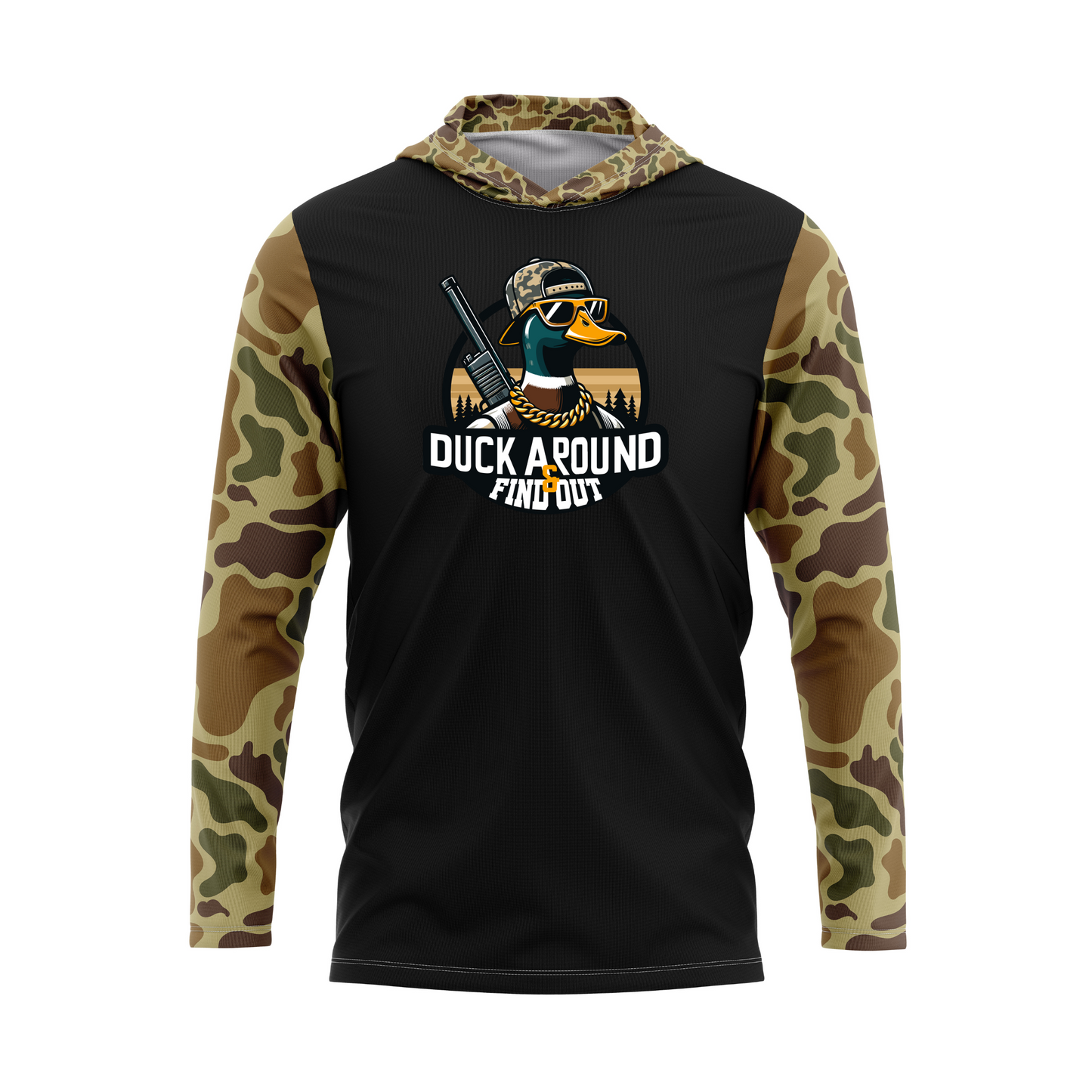 Duck Around And Find Out Retro Camo Duck Hunting SPF50 Performance Hoodie