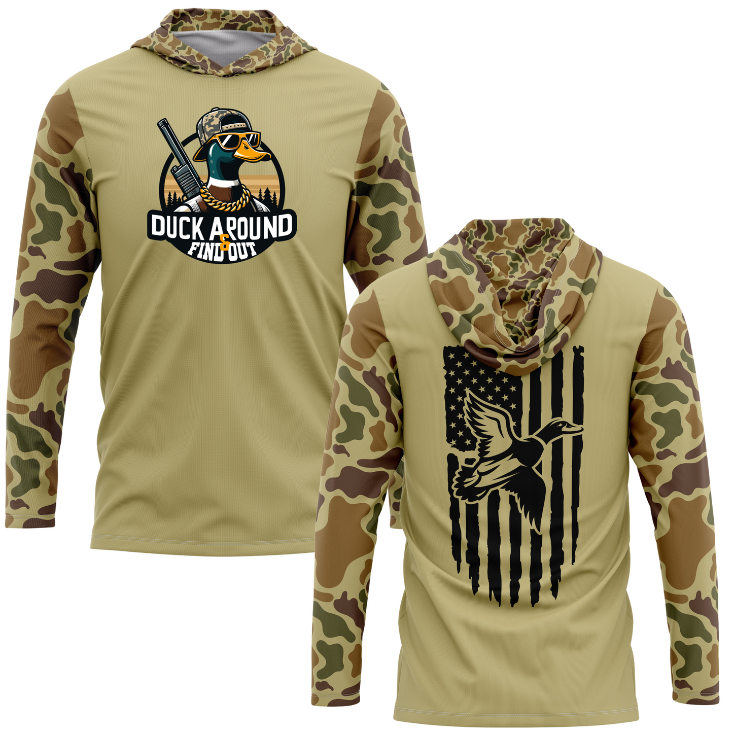 Duck Around And Find Out Retro Camo Duck Hunting SPF50 Performance Hoodie