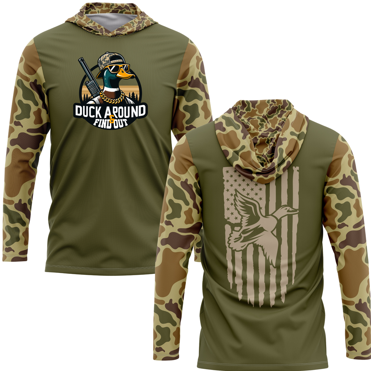 Duck Around And Find Out Retro Camo Duck Hunting SPF50 Performance Hoodie