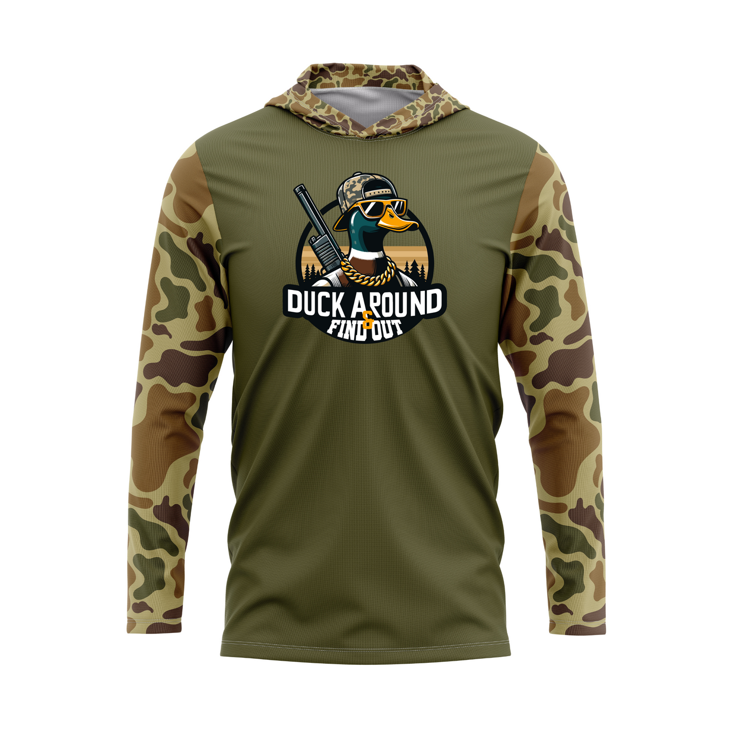 Duck Around And Find Out Retro Camo Duck Hunting SPF50 Performance Hoodie