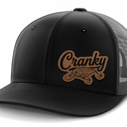 Cranky, Crankbait Decal (left), Leather Patch Hat