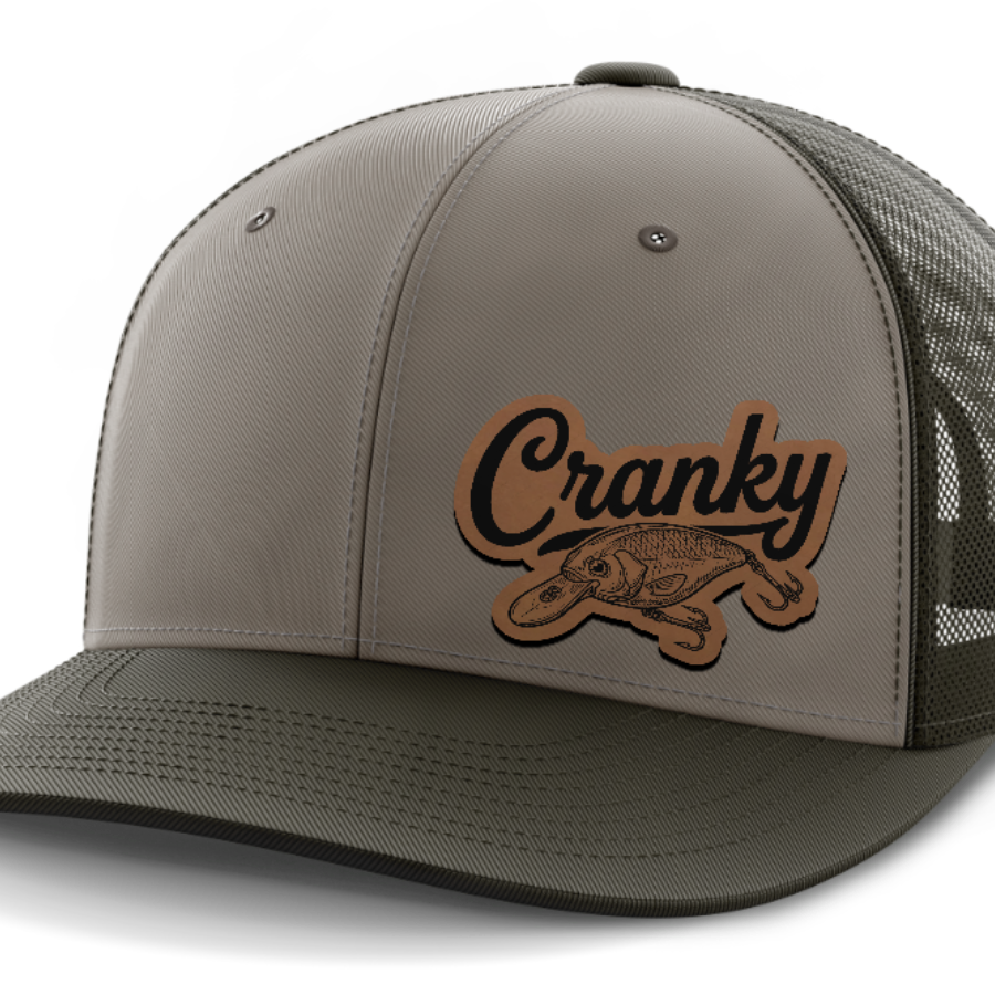 Cranky, Crankbait Decal (left), Leather Patch Hat