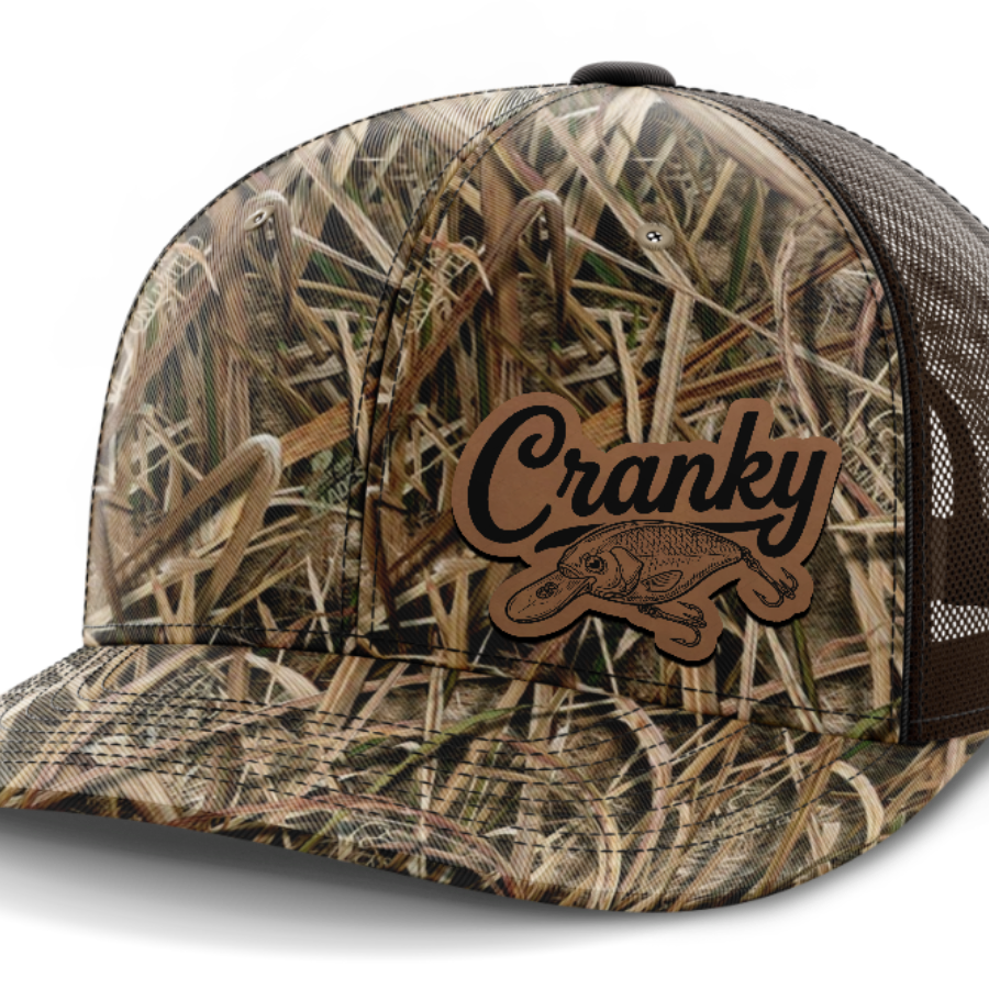 Cranky, Crankbait Decal (left), Leather Patch Hat