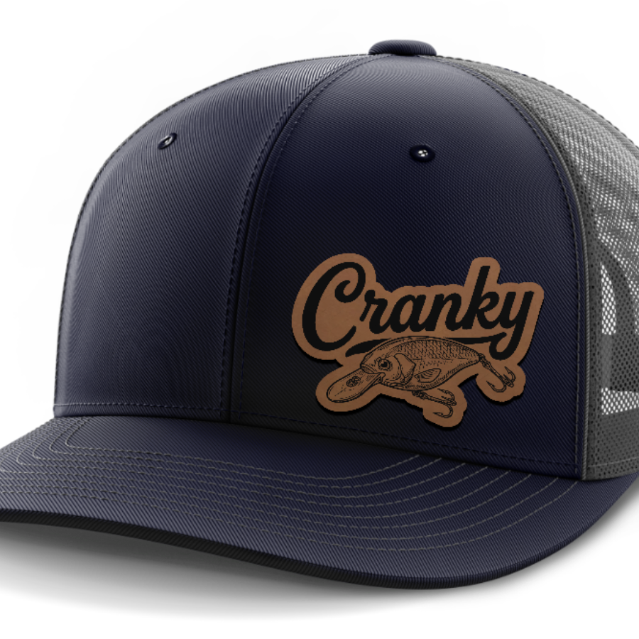 Cranky, Crankbait Decal (left), Leather Patch Hat