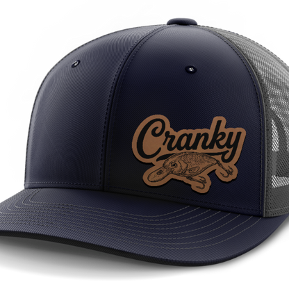 Cranky, Crankbait Decal (left), Leather Patch Hat