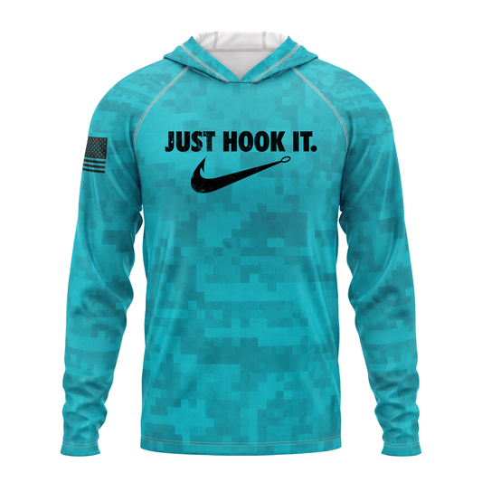 Just Hook It SPF50 Performance Fishing Hoodie- Teal Camo