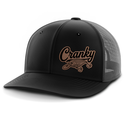 Cranky, Crankbait Decal (left), Leather Patch Hat