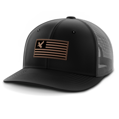 Duck on Flag, Duck Hunting, Leather Patch Hat