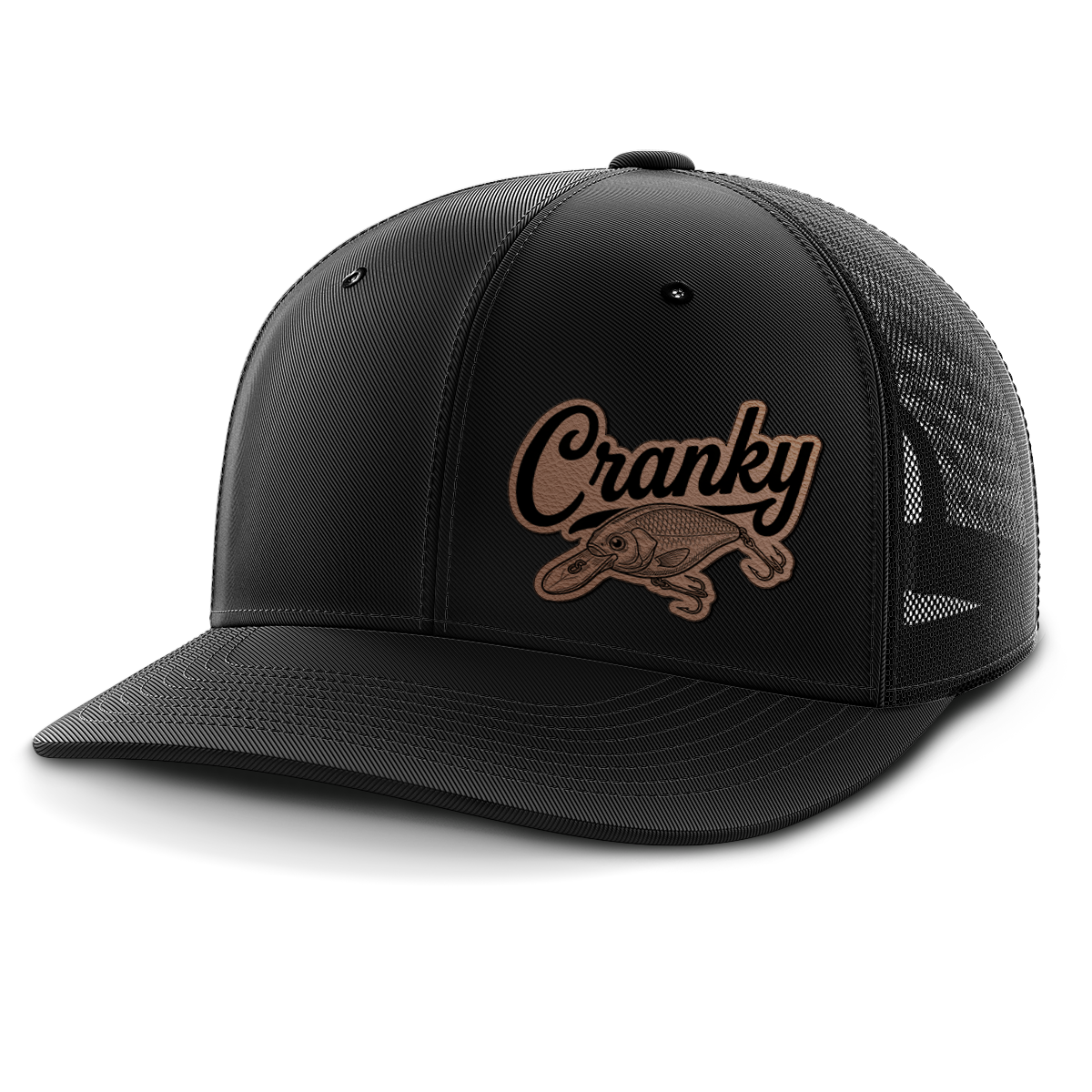 Cranky, Crankbait Decal (left), Leather Patch Hat