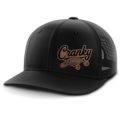 Cranky, Crankbait Decal (left), Leather Patch Hat