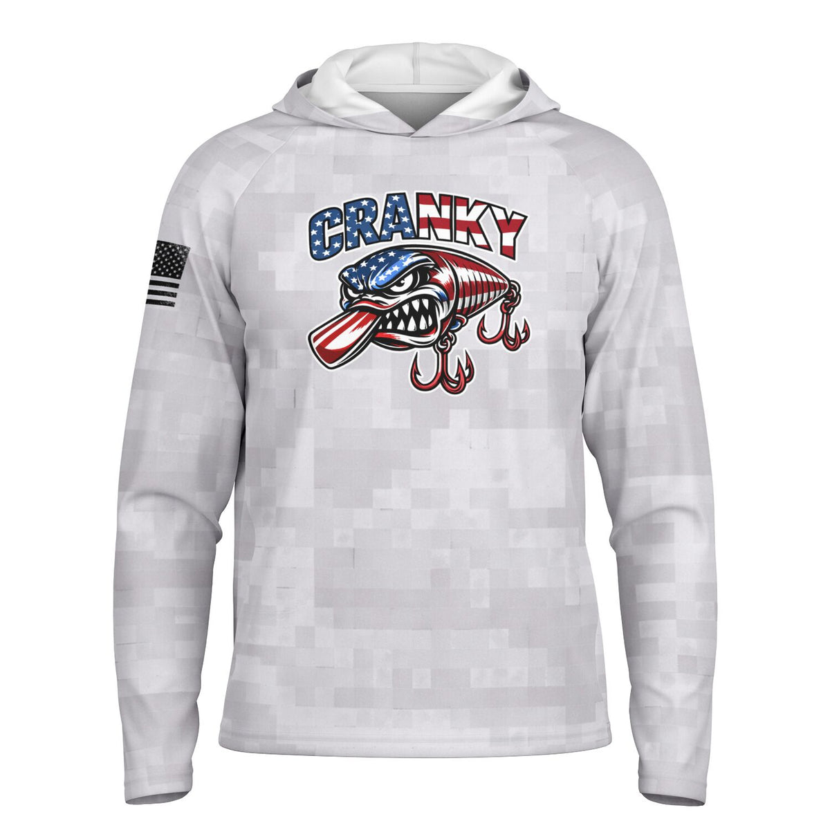 Cranky USA Crankbait SPF50 Performance Fishing Hoodie- Gray Camo