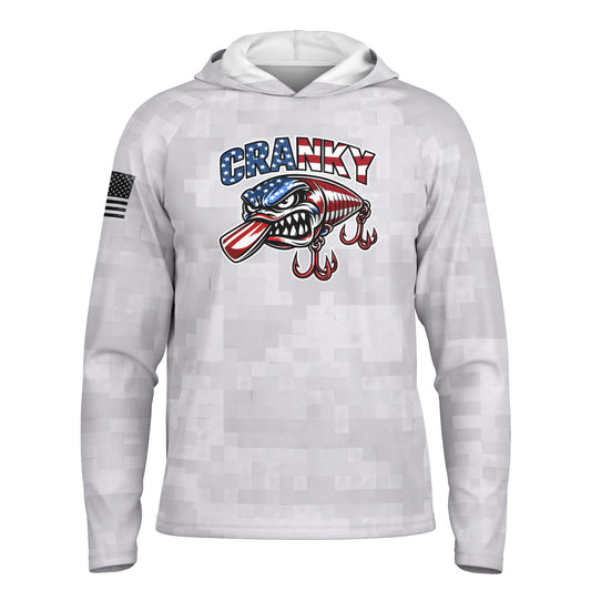 Cranky USA Crankbait SPF50 Performance Fishing Hoodie- Gray Camo