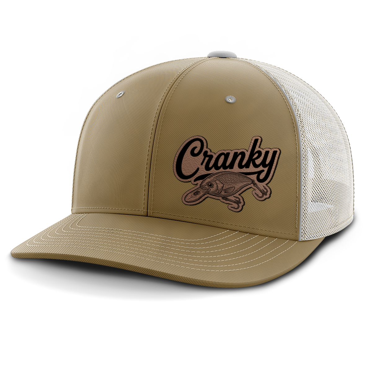 Cranky, Crankbait Decal (left), Leather Patch Hat