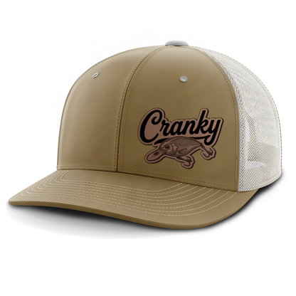 Cranky, Crankbait Decal (left), Leather Patch Hat