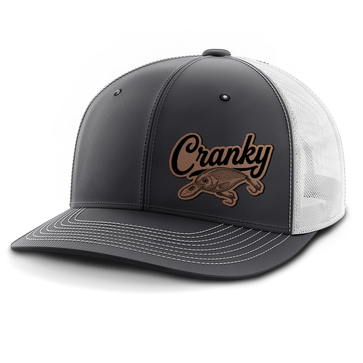 Cranky, Crankbait Decal (left), Leather Patch Hat